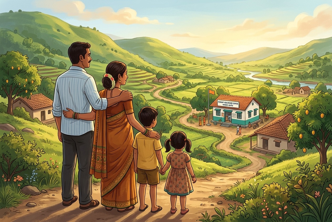 Rural Maharashtra Family looking towards Primary Healthcare Center